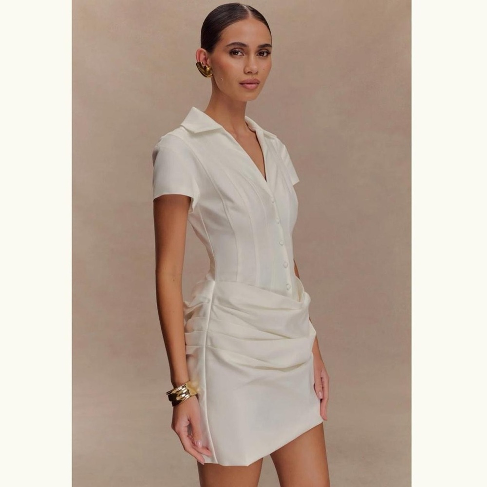 Meshki White Collared Ruched Mini Dress